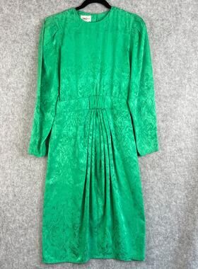 Neiman Marcus Vintage 100% Silk Midi Dress Womens 6 Green Floral Jacquard 90s